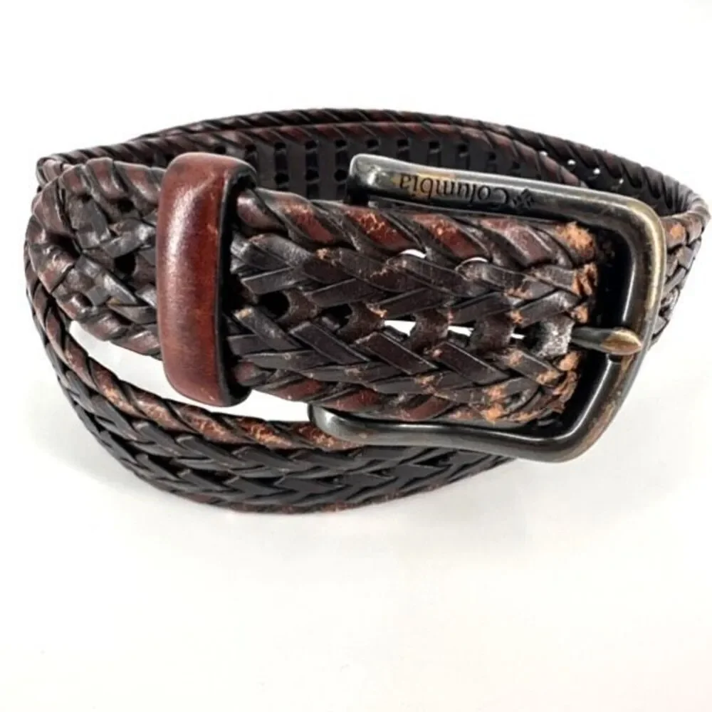 Vintage Columbia Men's Two-Tone Leather Trim Woven Braided Belt Brown Size Small